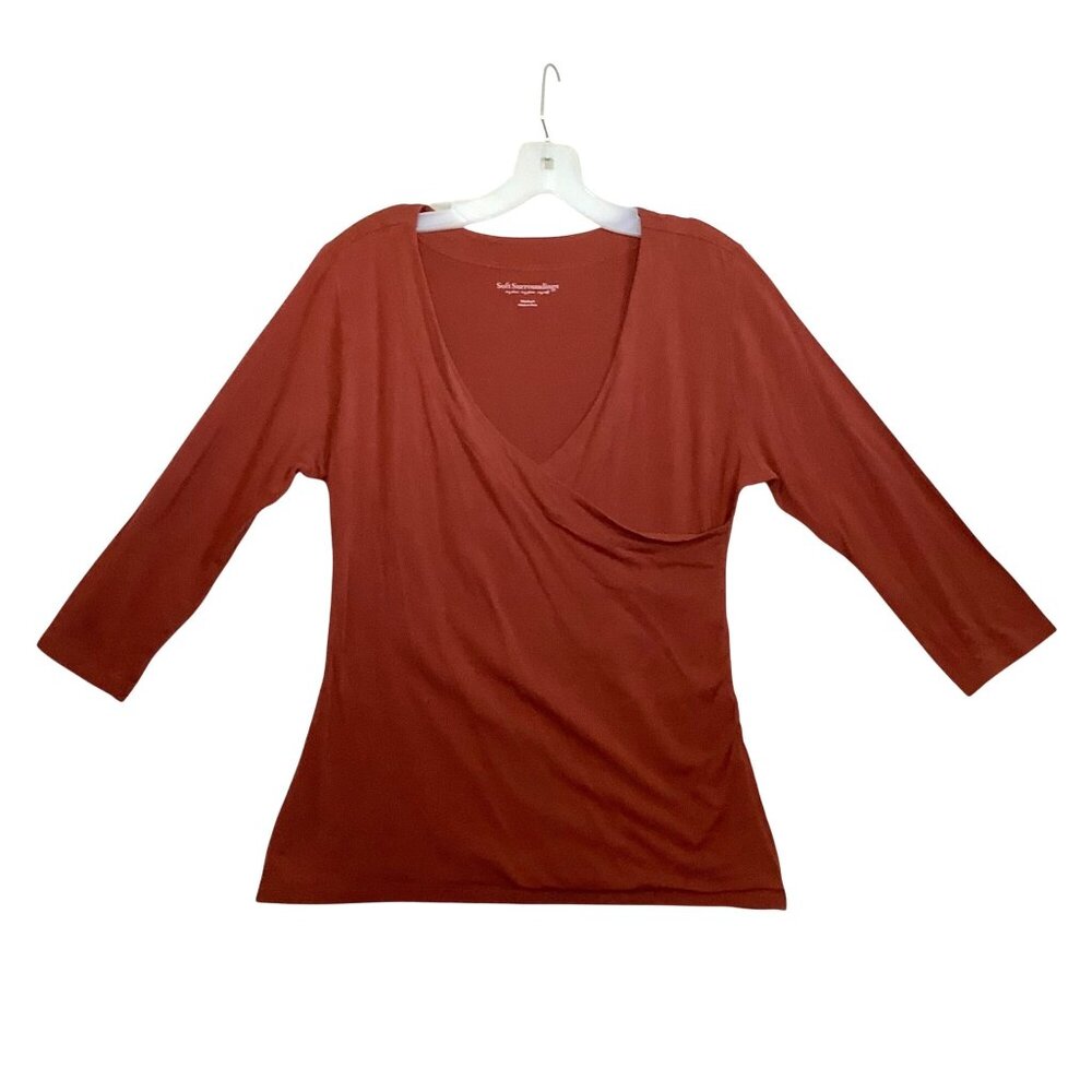 Soft Surroundings Rust Red Surplice Ruche Knit‎ Top Women Medium Cotton Blend